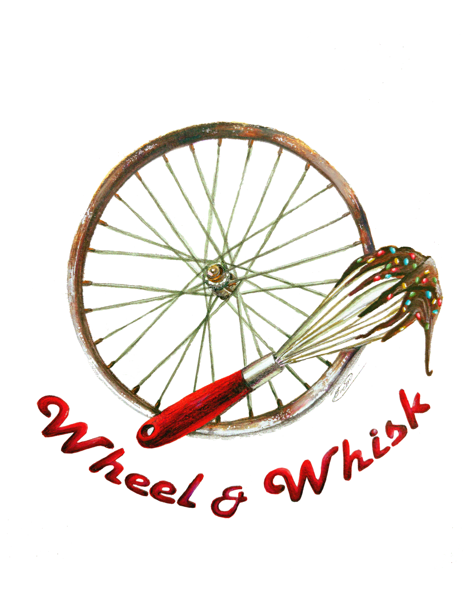 Wheel & Whisk — a bicycle wheel and a chocolate-covered whisk with a red handle